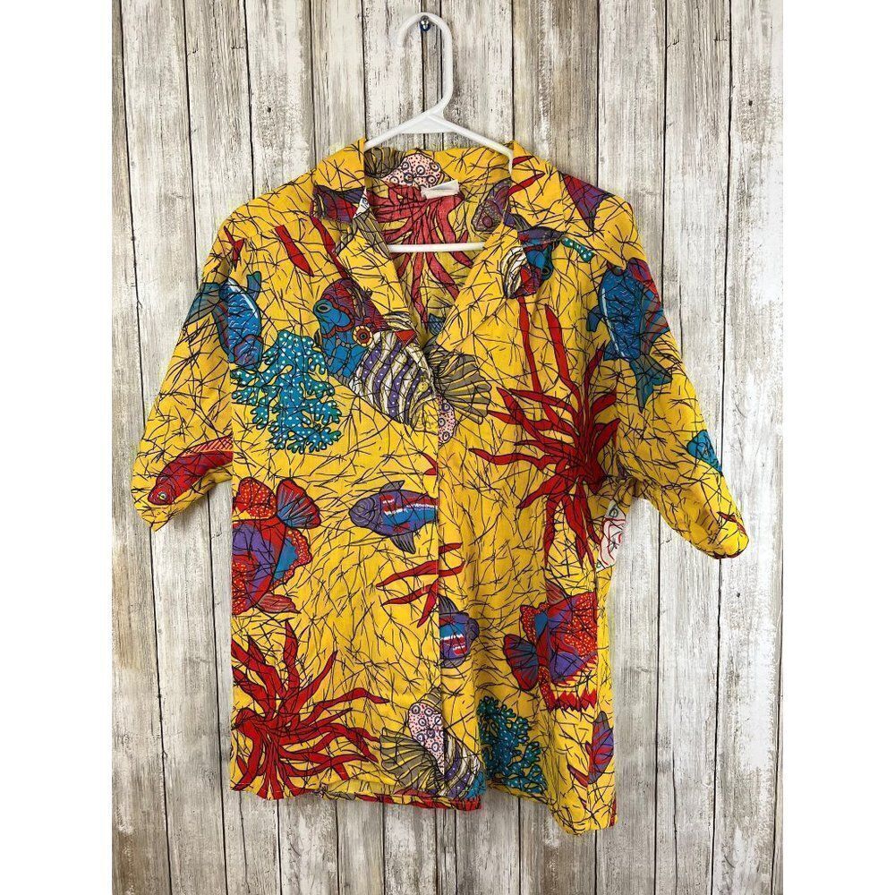 Vintage 90's Avon Fashions Yellow Colorful Fish Women Blouse Size 9/10